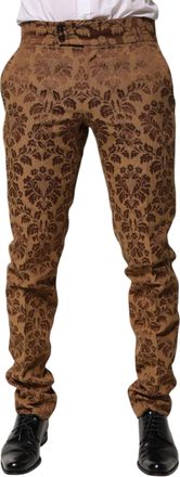Dolce & Gabbana Mens Floral Jacquard Trousers Brown Polyester Rayon