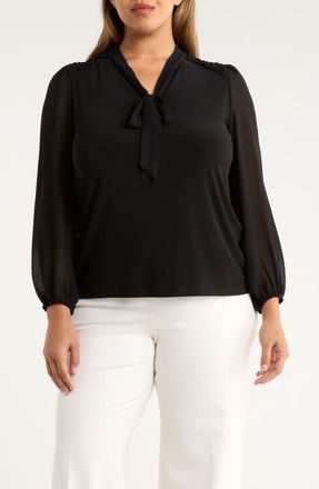 Anne Klein Tie Neck Long Sleeve Woven Shirt in Anne Black at Nordstrom, Size 2X