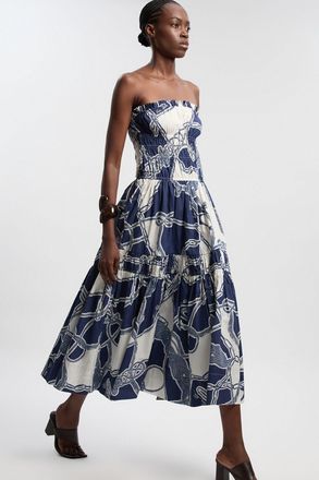 Karen Millen Womens Shirred Cotton Tiered Chain Print Bandeau Woven Maxi Dress - Blue - Size 12 UK