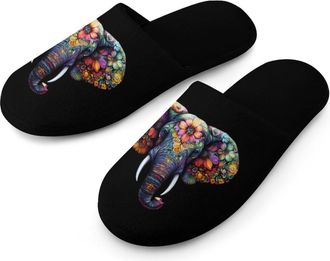 Generic Colorful Elephant Mens Flannel Slipper Soft Non Slip House Shoes Comfy Winter Warm Indoor Outdoor Slippers