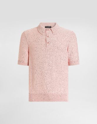 Dolce & Gabbana Silk Polo Shirt With Sequins - Man Sweaters And Cardigans Pink 44