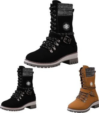 Generic Mid Calf Boots for Women Lace Up Low Heel Motorcycle Biker Riding Boots with Buckles Round Toe Dress Boot with Side Zipper Ladies Winter Non-Slip Rubb