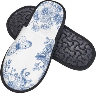 Generic Shoes Blue Flower Butterfly Anti-Skid Sliders Cotton Cotton Slippers For Hotel Bedroom Indoor M