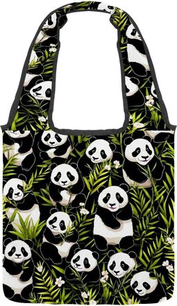 Generic Cute Cartoon Panda Reversible Canvas Shoulder Tote - Double-Sided Print, 12oz Cotton, 27cm Drop, Fold-Flat Bag for Travel, Shopping, Street Outings