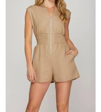 She + Sky Cap Sleeve Woven Smocked Waist Front Zip Romper In Taupe