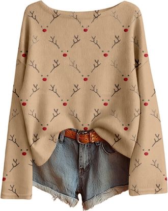 Generic Christmas Jumpers for Women Cute Reindeer Prints Long Sleeve Knit Xmas Sweater Elegant Casual Crewneck Ladies Christmas Jumper Fall Winter Loose Xmas 