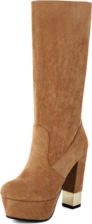 Generic Womens Chunky High Heel Platform Boots Round Toe Faux Suede Mid-Calf Boots Pull on Slouch Boot,Apricot,6.5 UK