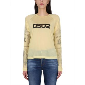 Dsquared2 Long Sleeve Tops, female, Yellow, Size: S Seethrough Logo LS Surf Club T-shirt