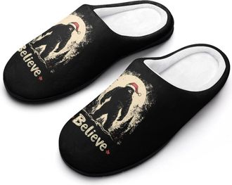 Generic Christmas Bigfoot Silhouette Believe Cotton Slippers for Women Memory Foam Comfy House Shoes with Anti-Skid Rubber Sole