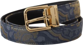 Dolce & Gabbana Womens Navy Blue Jacquard Gold Tone Logo Metal Buckle Belt Leather