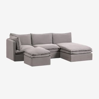 Sklum Sof&aacute; Modular Chaise Longue De 3 Piezas Y Puff En Lino Y Algod&oacute;n Grace Sklum