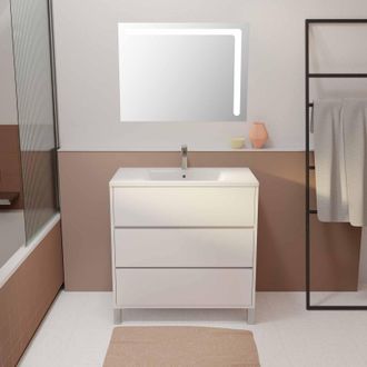 Aurlane Gabinete De Ba&ntilde;o Blanco 80 Cm A Pie 3 Cajones + Lavabo De Cer&aacute;mica Blanco + Espejo