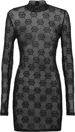 Philipp Plein Short Dress Monogram - Dames - Korte kleedjes - Zwart - XS - Polyester - Kleedjes