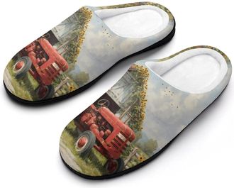 Generic Red Farm Tractor Old Barn Funny Mens Cotton Slippers Shoes Novelty Soft Non-Slip Sole Home Shoe
