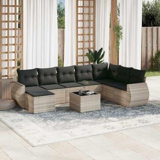 vidaXL Set Muebles Jard&iacute;n 9 Pzas Y Cojines Rat&aacute;n Sint&eacute;tico Gris Claro Vidaxl