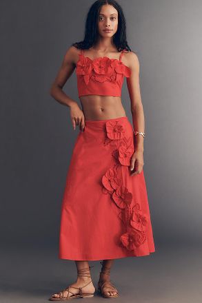 Maeve 100% Cotton Floral Appliqu&eacute; Midi Skirt