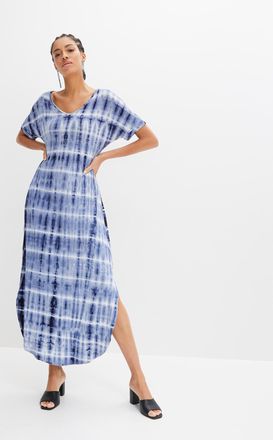 Bonprix Maxikleid BONPRIX, Damen, Gr. 52/54 (XXL), N-Gr, blau (blau, wei&szlig; bedruckt), Obermaterial: 95% Viskose, 5% Elasthan, oversize, Kleider Maxikleid, f&uuml;r 