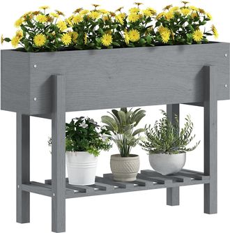 OUTSUNNY Wooden Raised Bed w/ Bed Liner - Storage Shelf - Grey | TJ Hughes