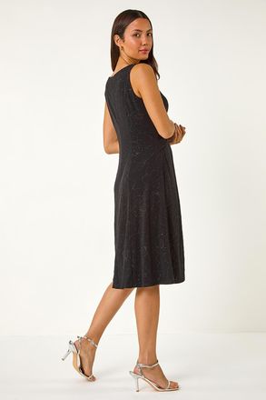 Roman Floral Glitter Print Midi Stretch Dress