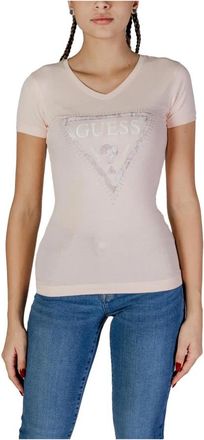 Guess V-neck T-shirt met Strass Logo - Dames - T-shirts - Roze - L - Katoen - Tops