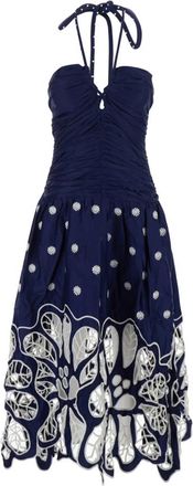 Farm Rio Lange mouwloze jurk met halternek en Richelieu-borduurwerk - Dames - Casual kleedjes - Blauw - XS - Katoen - Kleedjes
