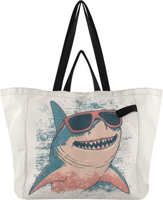 Generic Blue Shark Sunglass Beige pattern Reusable Canvas Tote Bag, Heavy Duty Grocery Shopping Bag with Large Capacity Hard Bottom Double Handles Work Grocer