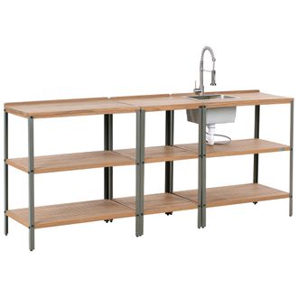 Beliani Conjunto De 3 Islas De Madera De Acacia Para Cocina Exterior Con Fregadero Y Grifo Estantes Encimera De Madera Maciza Acero Inoxidable Marr&oacute;n Ivrea