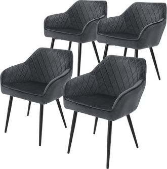 ML Design Ml-design - Set 4x Sillas De Comedor Antracita Estilo Moderno Asiento Tapizado Aspecto Terciopelo Patas De Metal Negras Con Respaldo Y Apoyabrazos Sil