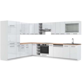 Vicco Cocina esquinera Fame-Line, Blanco alto brillo/blanco, 347 x 257 cm, et Roble