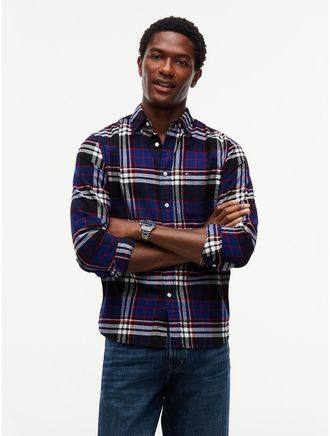 Tommy Hilfiger Mens Regular Fit Plaid Flannel Twill Shirt - Navy Blue - XXL