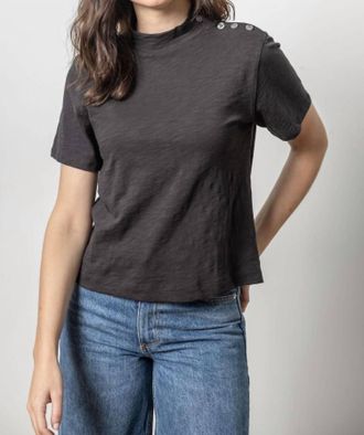 Lilla P Button Shoulder Mock Neck In Black