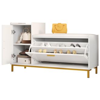 STILVORA Zapatero Con 2 Compartimentos Y 1 Puerta, Asiento Acolchado, Frontal Brillante, En Metal Y Tablero, 100&times;38&times;68 Cm