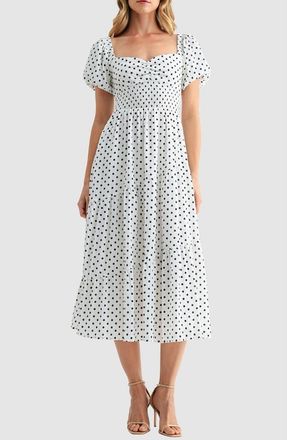 Lush Polka Dot Smocked Midi Dress in Cream Dot at Nordstrom Rack, Size X-Small