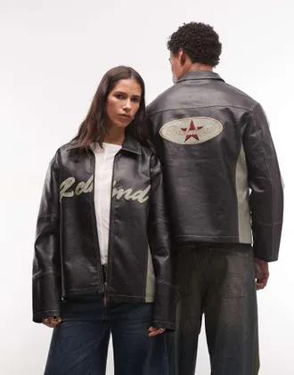 Reclaimed Vintage giacca motor unisex effetto pelle con logo-Nero