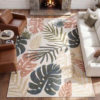 Jonathan Y Designs Monstera Tropical Leaf High-Low Indoor/Outdoor Rug in Cream/multi at Nordstrom, Size 2Ft 0In X 8Ft 0In