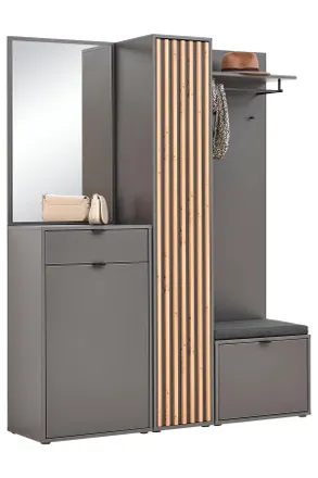 Voleo Garderobe, Graphitfarben, Eiche Artisan, Glas, Textil, Holzwerkstoff, 156x198x40 cm, FSC MIX, Garderobe, Garderoben-Sets & Garderoben-Serien, Garderob