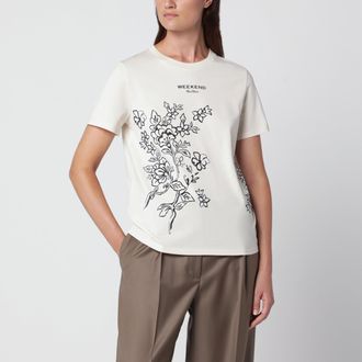 Max Mara T-shirt color panna in cotone con stampa logo