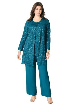 Roaman's Plus-Size 3 Piece Allover Sequin Lace Jacket And Tank Pant Set in Deep Teal at Nordstrom, Size 28