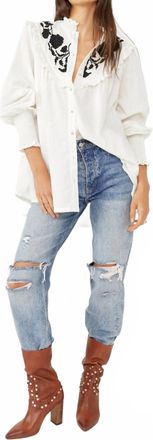 Free People Rose Vines Embroided Button Down Top In White