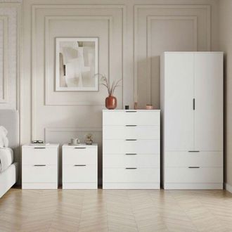 Home Discount Trega 4pc Bedroom Furniture Set - 2x 2 Drawer Bedside, 5 Drawer Chest & 2 Door Wardrobe, White