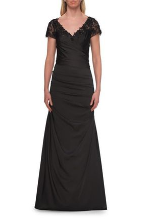 La Femme Ruched Satin Gown with Lace Cap Sleeves in Black at Nordstrom, Size 14