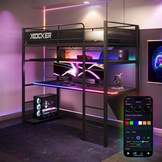 X Rocker Battlebunk RGB LED Single High Sleeper Gaming Bunk Bed with Desk in Black