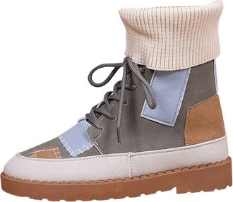 Generic Lace Up Walking Boots Womens, Womens Ankle Boots UK Knitted Fold Over Colour Block Flat Boot Lace Up Round Toe Patchwork Fashion Short Booties Autumn 