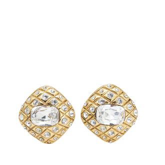 Chanel Quilted Gold Plated Crystal Clip On Earrings