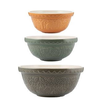 Mason Cash In The Forest Size 12 Gray, Size 18 Green, Size 24 Ochre Mixing Bowl Set of 3