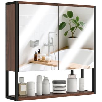 HOMCOM Industrial Bathroom Cabinet With 2 Mirrored Doors Open Shelf - Dark Wood Finish | TJ Hughes