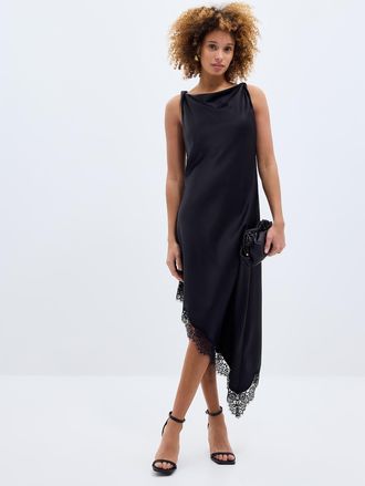 Contemporaine Womens Lace trim satiny asymmetrical skirt