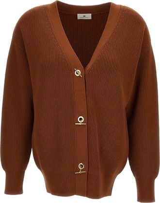 Elisabetta Franchi Brown Rib-Knit Gold Toggle Cardigan