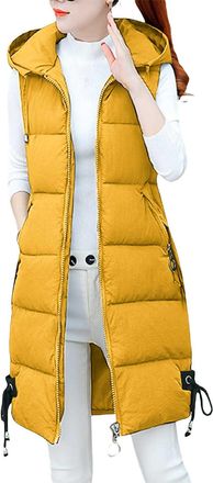 Generic Ladies Long Line Hooded Puffer Gilet Jacket - Sleeveless Long Puffer Coats For Women Solid Color WomenS Down Jacket Vest With Zipper Pocket Full Zip W