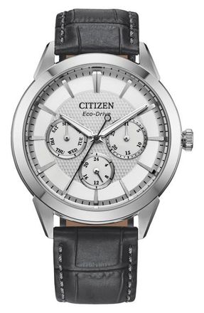 Citizen Rolan Eco-Drive Leather Strap Watch, 40mm in White/Grey Multi at Nordstrom